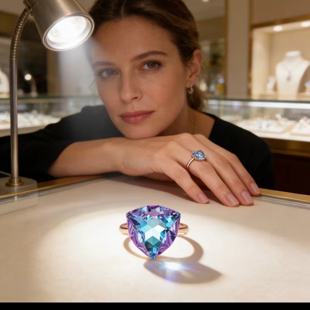 585/14k Rose Gold Ring with Blue-Purple Trillion Crystal-Statement Ring